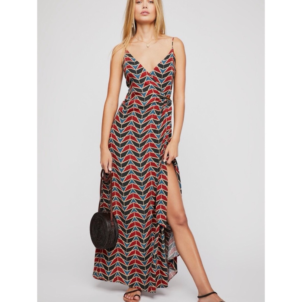 Free People Siren Wrap Maxi Dress Geometric BOHO Earth Tones Linen Retro